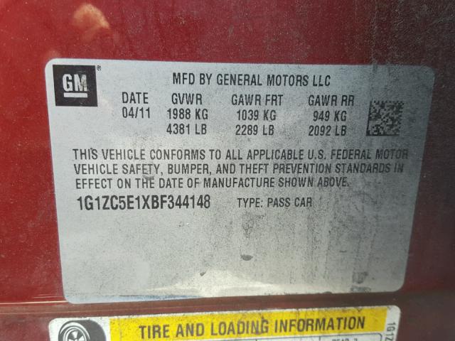 1G1ZC5E1XBF344148 - 2011 CHEVROLET MALIBU 1LT 红色 照片 10