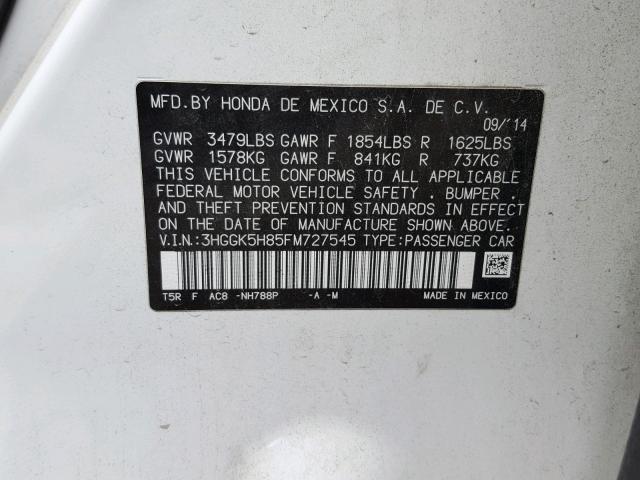 3HGGK5H85FM727545 - 2015 HONDA FIT EX WHITE photo 10