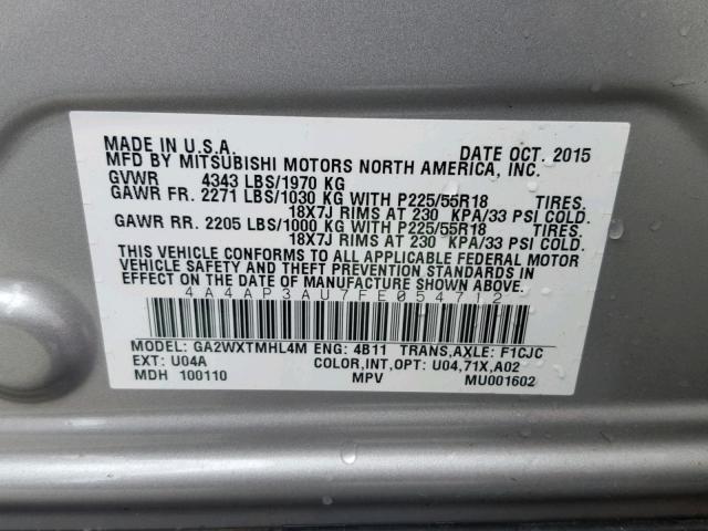 4A4AP3AU7FE054712 - 2015 MITSUBISHI OUTLANDER SILVER photo 10