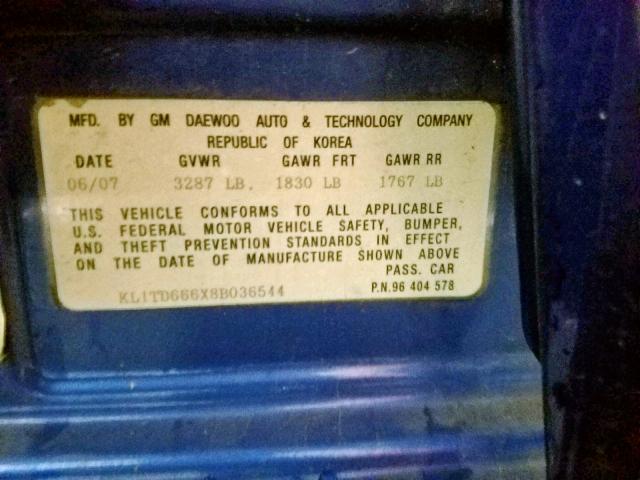 KL1TD666X8B036544 - 2008 CHEVROLET AVEO BASE ლურჯი ფოტო 10