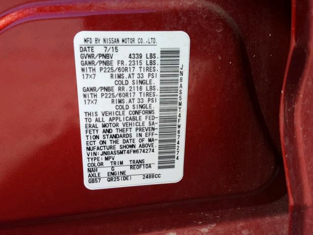 JN8AS5MT4FW674274 - 2015 NISSAN ROGUE SELE RED photo 10