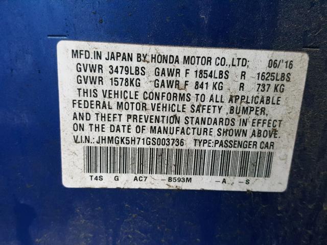 JHMGK5H71GS003736 - 2016 HONDA FIT EX BLUE photo 10