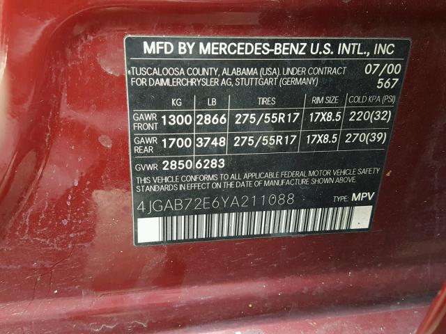 4JGAB72E6YA211088 - 2000 MERCEDES-BENZ ML 430 RED photo 10