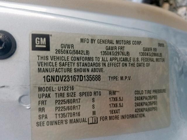 1GNDV23167D135688 - 2007 CHEVROLET UPLANDER L SILVER photo 10