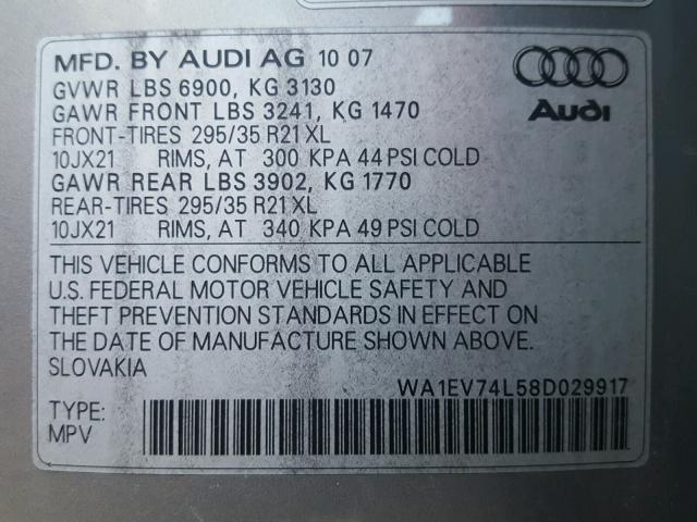 WA1EV74L58D029917 - 2008 AUDI Q7 4.2 QUA GRAY photo 10