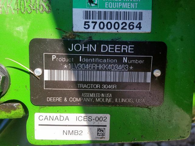 1LV3046RHKK403463 - 2019 JOHN DEERE TRACTOR GREEN photo 10