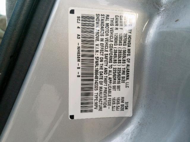 5FNRL18664B142325 - 2004 HONDA ODYSSEY EX SILVER photo 10