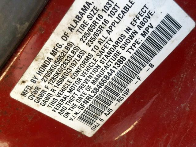 5FNRL38466B441388 - 2006 HONDA ODYSSEY EX RED photo 10