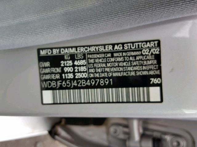 WDBJF65J42B497891 - 2002 MERCEDES-BENZ E 320 SILVER photo 10