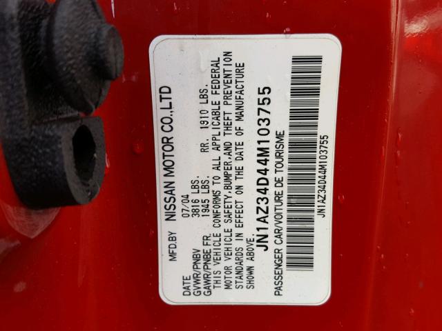 JN1AZ34D44M103755 - 2004 NISSAN 350Z COUPE RED photo 10