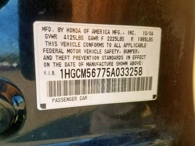 1HGCM56775A033258 - 2005 HONDA ACCORD EX BLACK photo 10