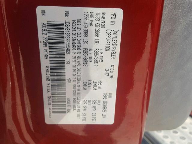 1D8HB48P87F559469 - 2007 DODGE DURANGO SL RED photo 10