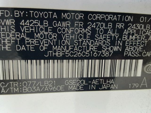 JTHBF5C26C5167387 - 2012 LEXUS IS 250 WHITE photo 10