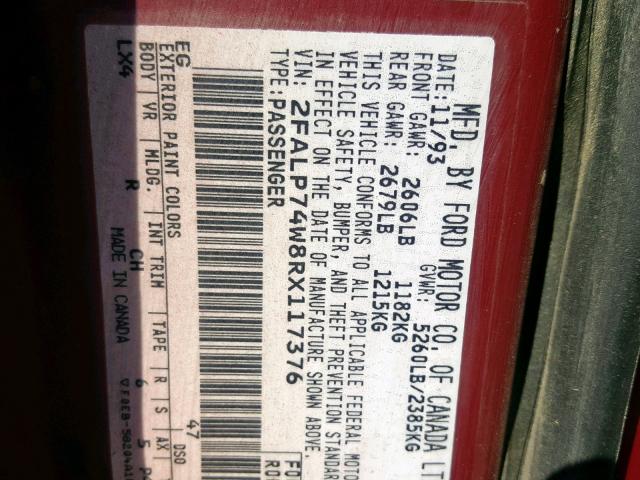 2FALP74W8RX117376 - 1994 FORD CROWN VICT RED photo 10