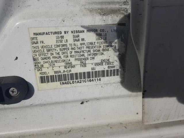 1N4DL01A21C164114 - 2001 NISSAN ALTIMA GXE WHITE photo 10