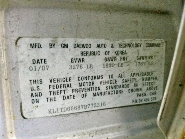 KL1TD66687B772316 - 2007 CHEVROLET AVEO BASE ვერცხლისფერი ფოტო 10