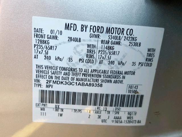 2FMDK3GC1ABA89358 - 2010 FORD EDGE SE SILVER photo 10