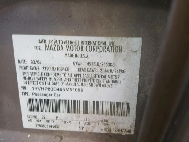 1YVHP80D465M51096 - 2006 MAZDA 6 S GRAY photo 10