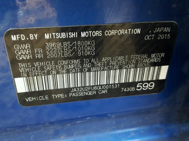 JA32U2FU6GU001531 - 2016 MITSUBISHI LANCER ES BLUE photo 10