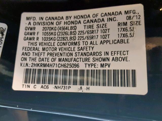 2HKRM4H71CH625096 - 2012 HONDA CR-V EXL BLACK photo 10