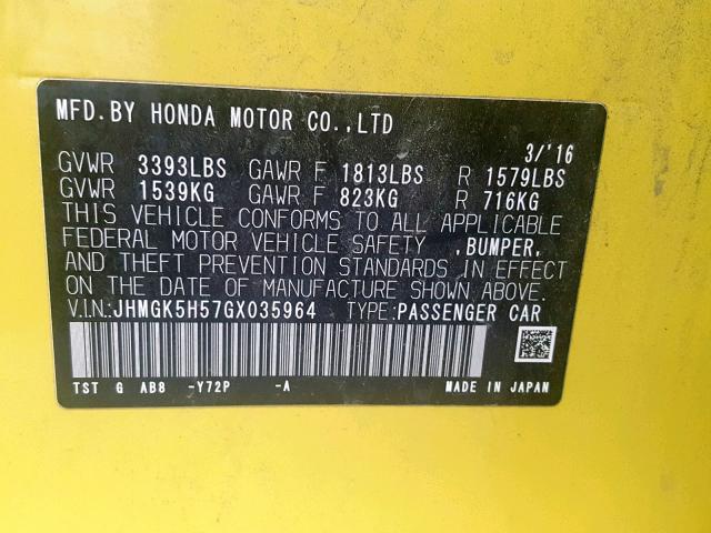 JHMGK5H57GX035964 - 2016 HONDA FIT LX YELLOW photo 10