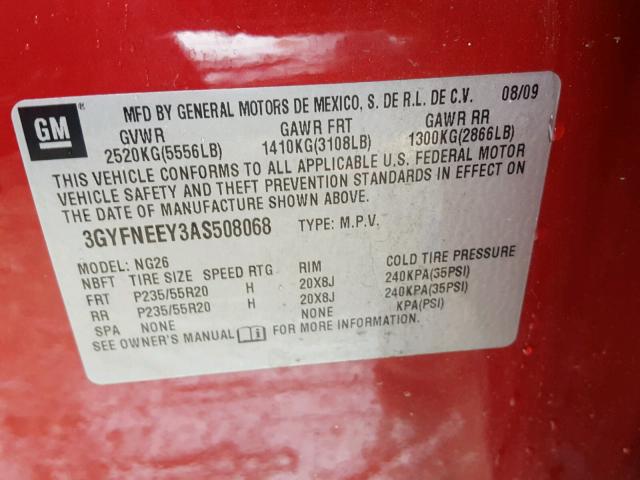 3GYFNEEY3AS508068 - 2010 CADILLAC SRX PERFOR RED photo 10