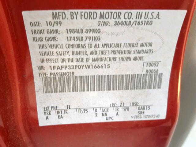 1FAFP33P0YW166615 - 2000 FORD FOCUS LX RED photo 10