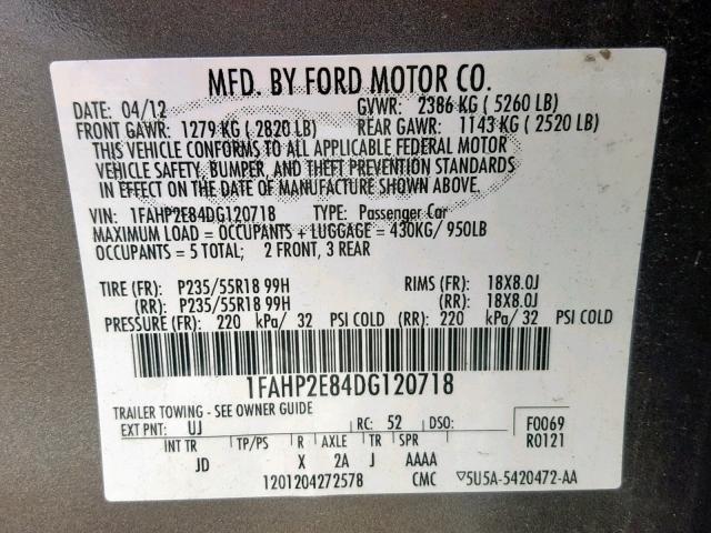 1FAHP2E84DG120718 - 2013 FORD TAURUS SEL GRAY photo 10