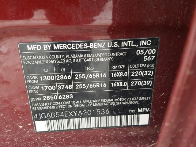 4JGAB54EXYA201536 - 2000 MERCEDES-BENZ ML 320 RED photo 10