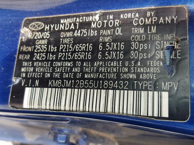 KM8JM12B55U189432 - 2005 HYUNDAI TUCSON GL BLUE photo 10