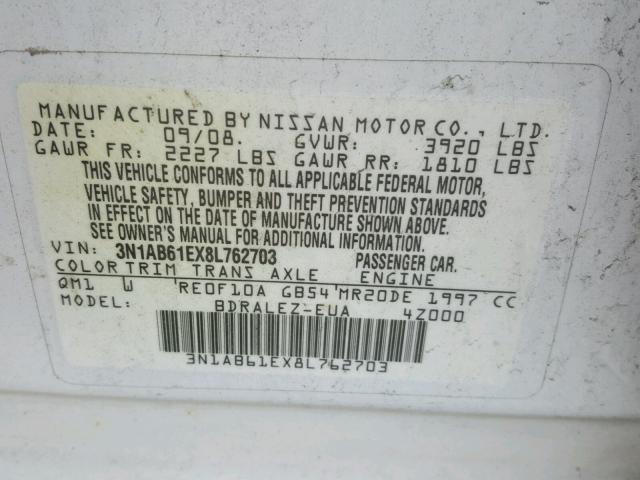 3N1AB61EX8L762703 - 2008 NISSAN SENTRA 2.0 WHITE photo 10