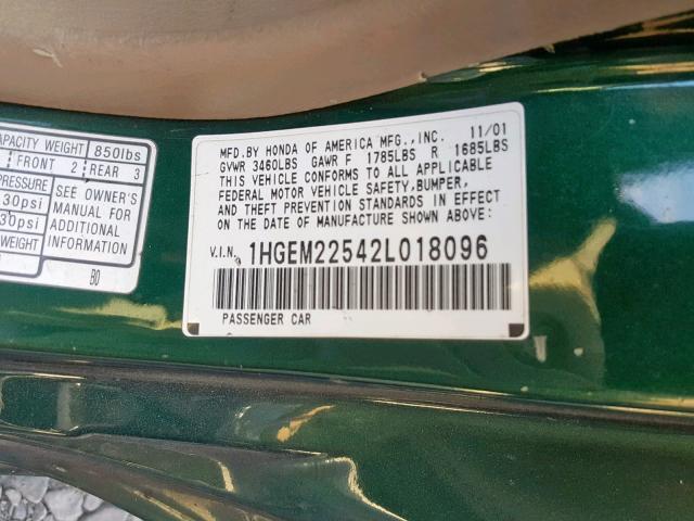 1HGEM22542L018096 - 2002 HONDA CIVIC LX GREEN photo 10