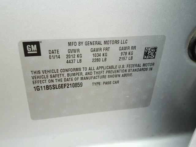 1G11B5SL6EF210859 - 2014 CHEVROLET MALIBU LS ვერცხლისფერი ფოტო 10