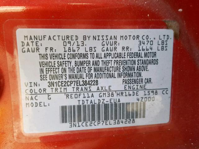 3N1CE2CP7EL384228 - 2014 NISSAN VERSA NOTE RED photo 10