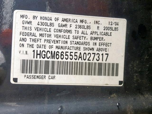 1HGCM66555A027317 - 2005 HONDA ACCORD EX CHARCOAL photo 10