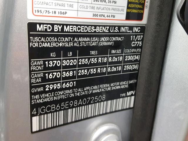 4JGCB65E98A072508 - 2008 MERCEDES-BENZ R 350 SILVER photo 10