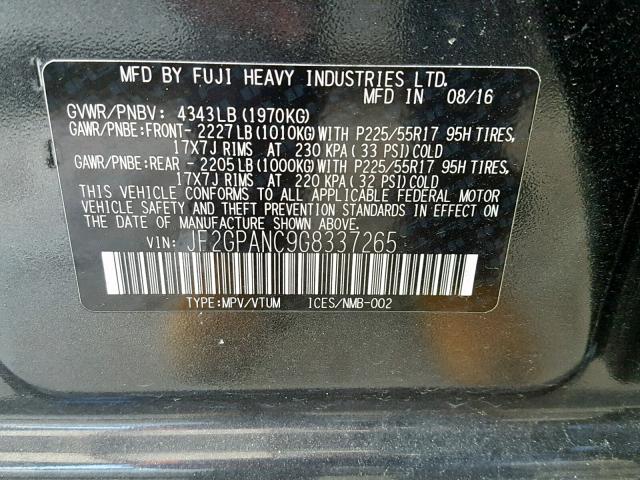 JF2GPANC9G8337265 - 2016 SUBARU CROSSTREK CHARCOAL photo 10