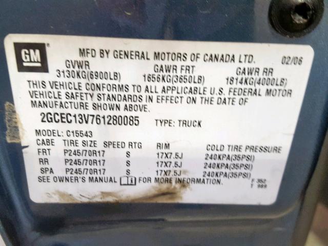 2GCEC13V761280085 - 2006 CHEVROLET SILVERADO BLUE photo 10