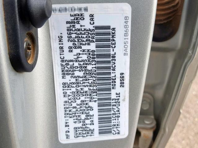 4T1BE32K22U113000 - 2002 TOYOTA CAMRY LE SILVER photo 10