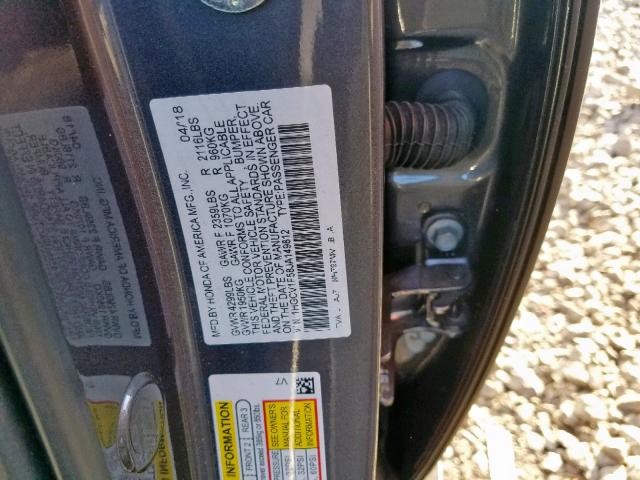 1HGCV1F58JA149812 - 2018 HONDA ACCORD EXL GRAY photo 10