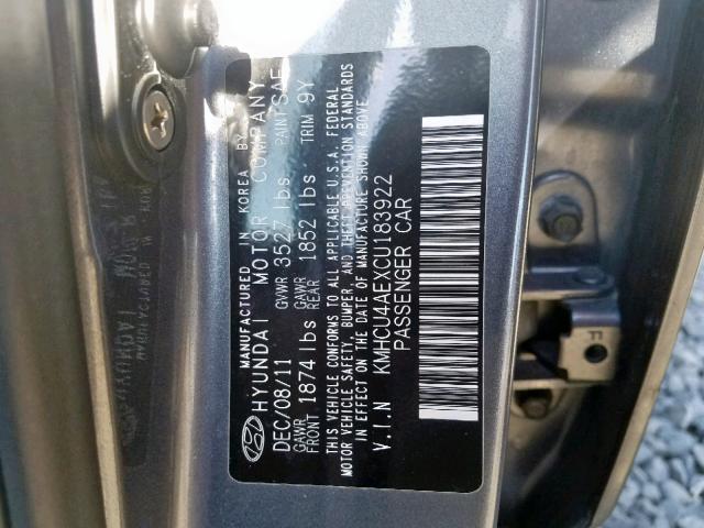 KMHCU4AEXCU183922 - 2012 HYUNDAI ACCENT GLS GRAY photo 10