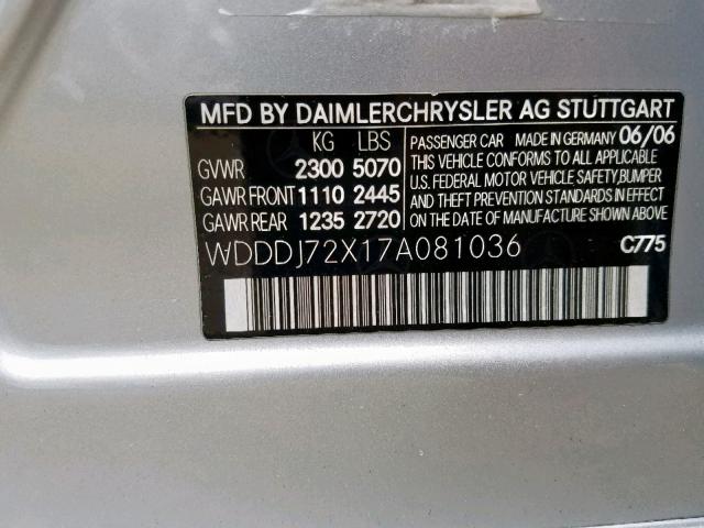 WDDDJ72X17A081036 - 2007 MERCEDES-BENZ CLS 550 SILVER photo 10