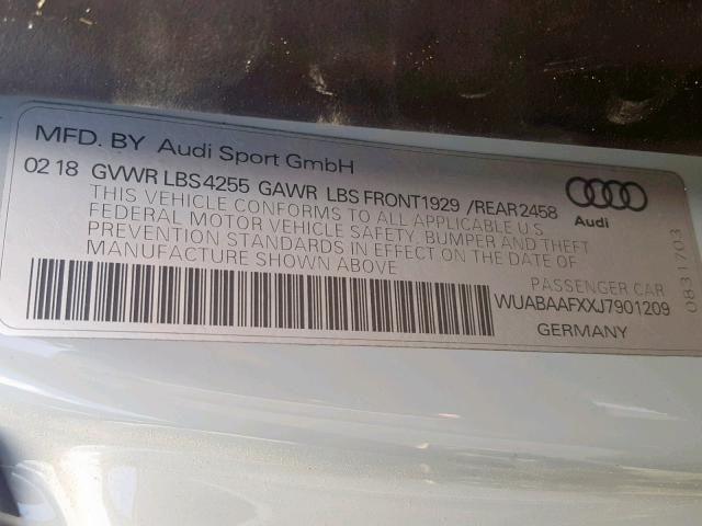 WUABAAFXXJ7901209 - 2018 AUDI R8 RWS GRAY photo 10