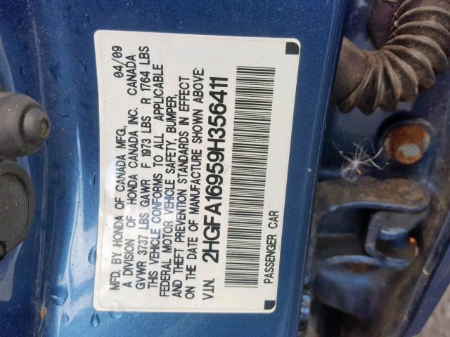 2HGFA16959H356411 - 2009 HONDA CIVIC EXL 蓝色 照片 10