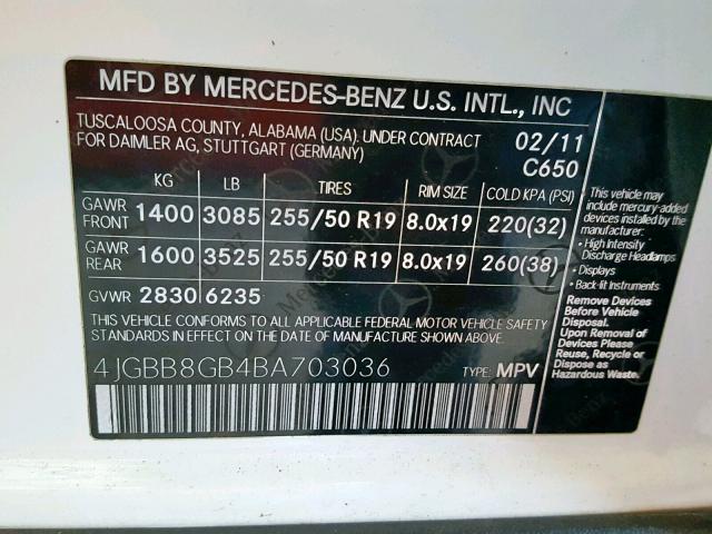 4JGBB8GB4BA703036 - 2011 MERCEDES-BENZ ML 350 4MA WHITE photo 10