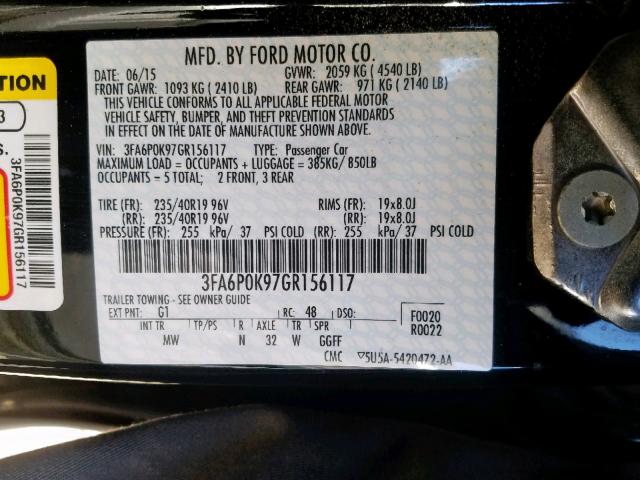 3FA6P0K97GR156117 - 2016 FORD FUSION TIT BLACK photo 10