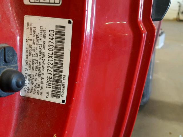 1HGEJ7221XL037403 - 1999 HONDA CIVIC HX RED photo 10