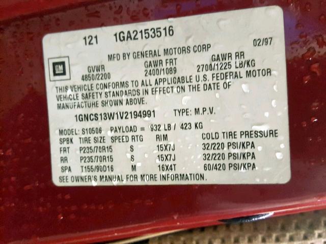 1GNCS13W1V2194991 - 1997 CHEVROLET BLAZER MAROON photo 10