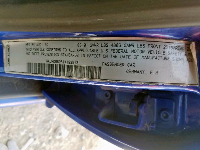 WAURD68D81A133913 - 2001 AUDI S4 2.7 QUA BLUE photo 10