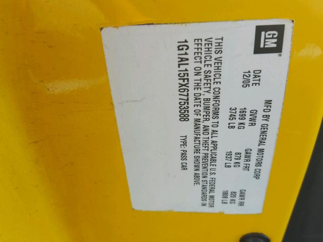 1G1AT18H797167125 - 2009 CHEVROLET COBALT LT YELLOW photo 10